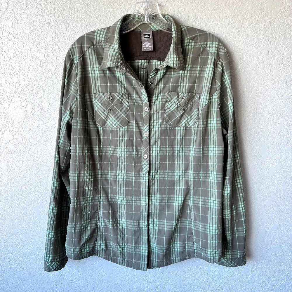 FLAW- REI Women's Olive Green Plaid Button-Down Shirt
